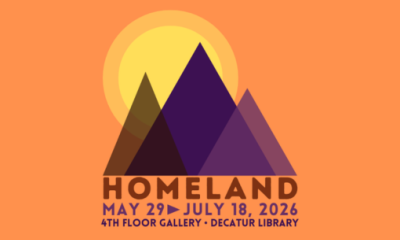 Homeland exhibition logo with the words May 29-July 18 in the Decatur Library 4th Floor Galley