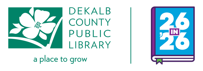 DeKalb County Public Library logo of a dogwood with 26 in '26 logo of a book