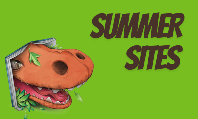 Dinosaur sticking his head through a book on a green background
